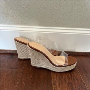Tan and brown wedges with clear straps